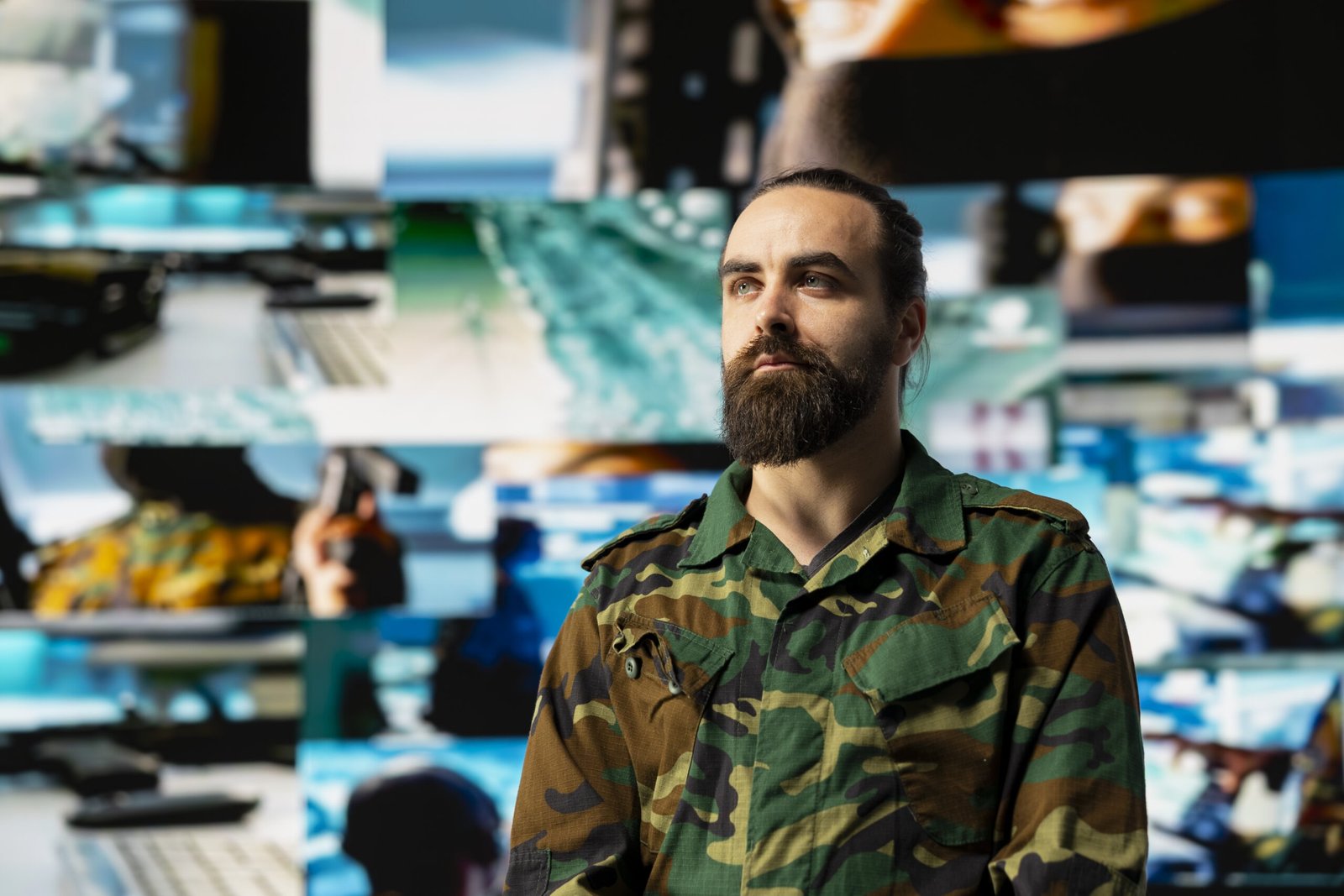 Armed forces officer monitoring drone and satellite imagery to gather intelligence, collecting insight for war planning. Support mission control and secure global operations through cyber defense.