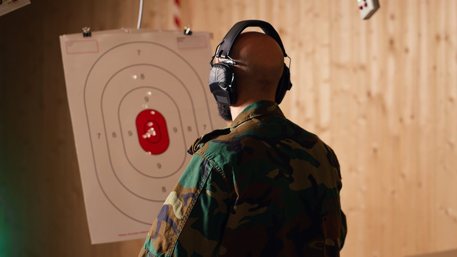 Happy military personnel in firing range shoots targets with handgun, satisfied after achieving positive result. Joyous soldier training with firearm exults after accurately hitting bullseye, camera B